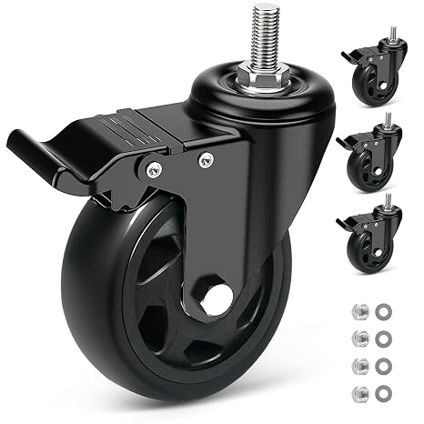 Heavy Duty 125MM Caster Wheels with Brake , Threaded Stem Casters Furniture Casters with M10x30mm Screw Stem, Double Bearing Swivel Castors Wheels , 4 PU Trolley Castor Load Capacity 650kg