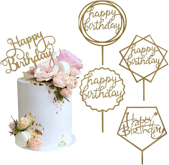 Gold Cake Topper Acrylic Happy Birthday Cake Decoration Supplies (5 Pieces)