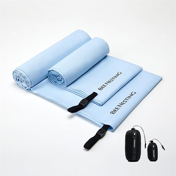 Bee Nesting Ultralight Quick Dry Towel - Medium&Small 2 Pack Microfiber Towels with Compact Packable Pocket for Lightweight Backpacking Travel, Beach, Gym, Camping & Hiking(Blue, M&S 2 Set)