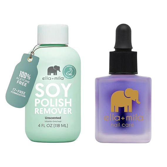 ella+mila Gentle Remover + Cuticle Care Duo; Soy Nail Polish Remover Unscented (Non-Acetone) + Premium Cuticle Oil; Remove Polish & Condition Dry Cuticles; Vegan, Cruelty-Free; 4 fl oz + 0.45 fl oz