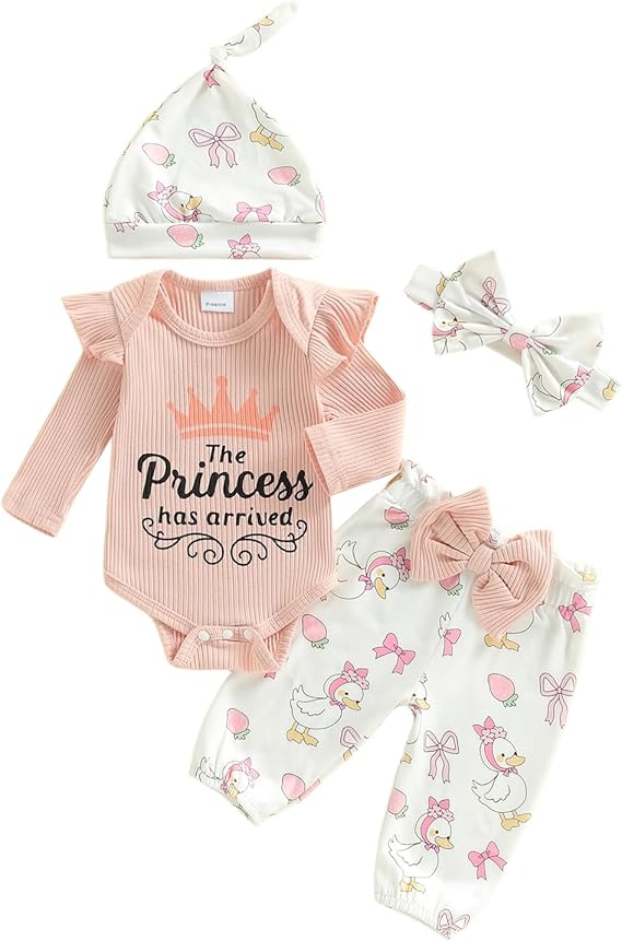 Newborn Baby Girls 4Pcs Clothes Set Letters Print Long Sleeve Romper Elastic Waist Pants Headband Hat Spring Fall Outfit