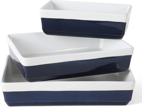 MARTHA STEWART 3-Piece Oven to Table Stoneware Bakeware Set Baking Dish & Casserole Set Cobalt Blue Durable Oven-Safe Bakeware for Baking and Serving