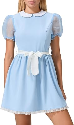 NUFIWI Women Girls Blue Twin Dress Halloween Costume Creepy Twins Puff Sleeve Short Dress Maid Lolita Dress with Belt