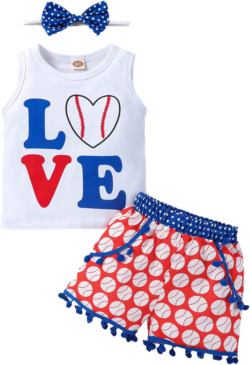 vivifayee Baby Infant Toddler Girl Baseball Outfit Sleeveless T-Shirt Tops Tassel Shorts Set with Headband 3Pcs