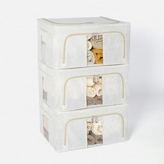 Clothes Storage Box with Lid Foldable Thick Metal Frame 24 L Beige