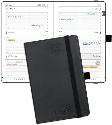POPRUN Pocket Planner 2025-2026 Purse Size 4 x 6.25 Academic Small Calendar July 2025 - June 2026 with Hourly Time Slots, 100GSM Thick Papers, Leather Soft Cover - Black