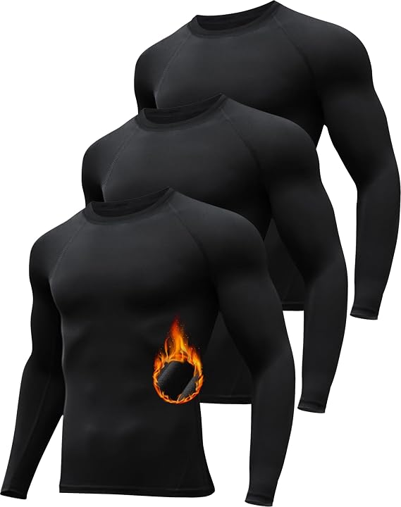 HovSiyla 3 Pack Men's Thermal Underwear Shirts Compression Fleece Lined Long Sleeve Athletic Base Layer Cold Weather