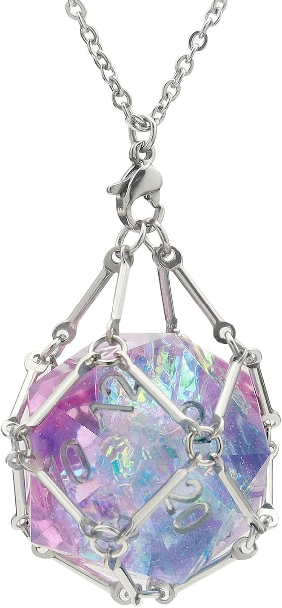PJOY DND Necklace Empty Dice Cage for D20 Dice, Silver