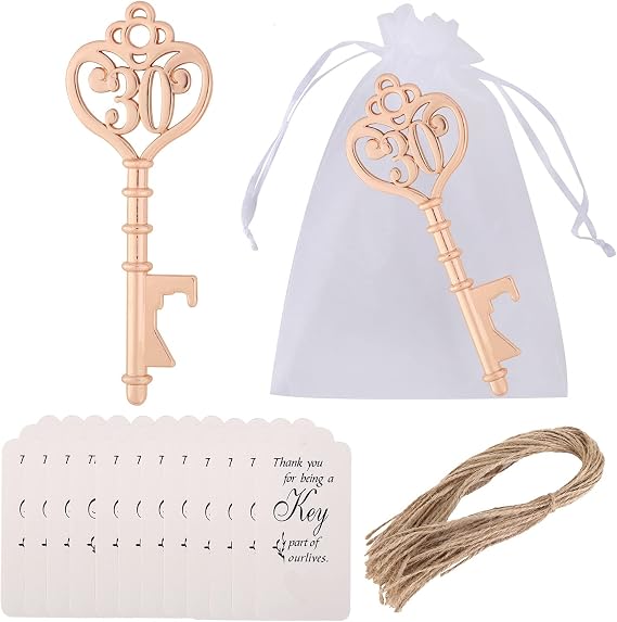 25 Pack 30 Shaped Key Bottle Openers for Guest Favors, 30th Birthday Gifts & Decorations (25, Gold 30th)