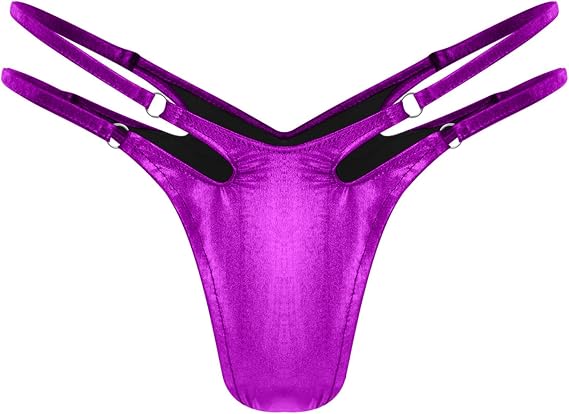 Jhaoyu Women's Role Play Lingerie Metallic Shiny Cheeky Bikini Briefs with O-Ring Hollow Out Design for Nightclub