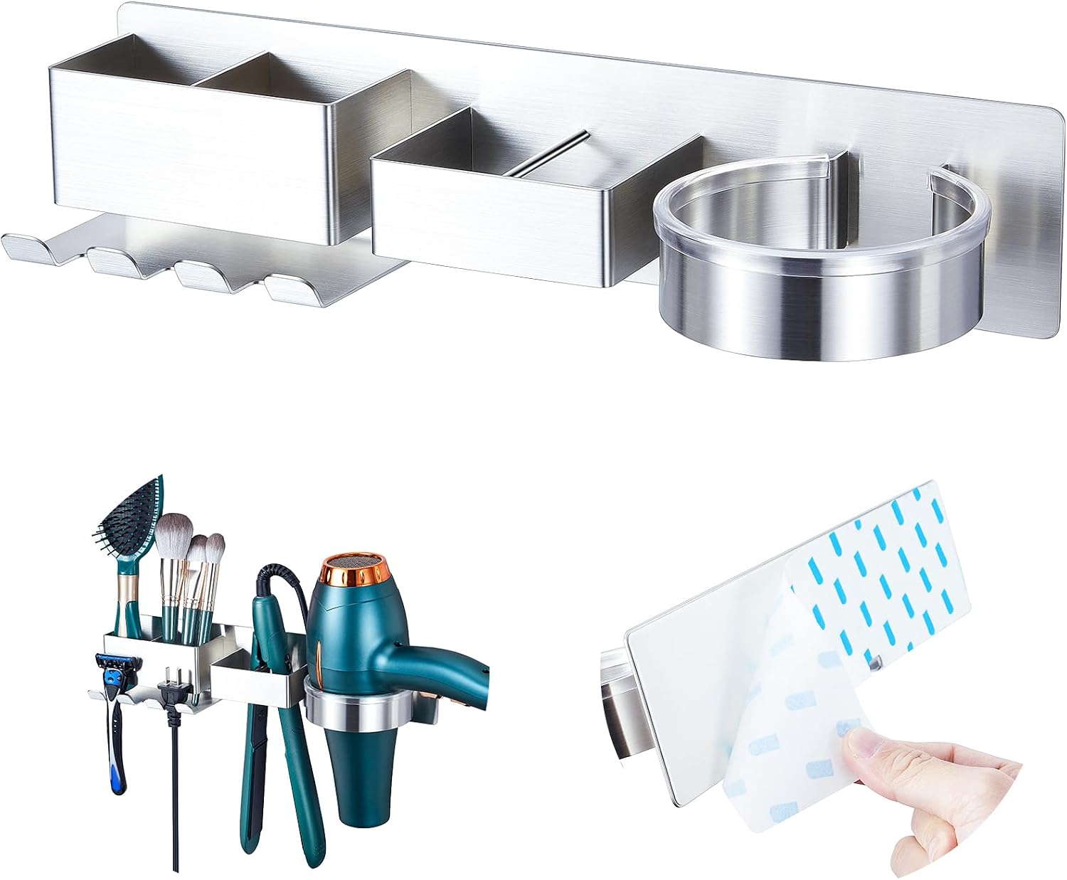 YYBO Hair Dryer Holder Hairdryer Holder Station Wall Mounted, Hair Dryer and Straightener Holder, Stainless Steel Hair Dryer Stand, Bathroom Adhesive Hair Tool Organizer with Plug Hook & Storage Space