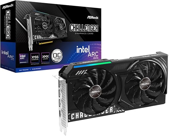 ASRock Intel Arc B570 Challenger 10GB OC 2600 MHz 19 Gbps GDDR6 160 Bits 7680 x 4320 600W Dual Fan 0dB Silent Cooling Graphics Card