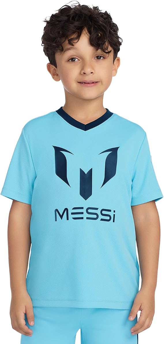 Messi Boys' Lifestyle Short Sleeve Top, Loose-fit V-Neck Shirt with Logo, Comfortable
