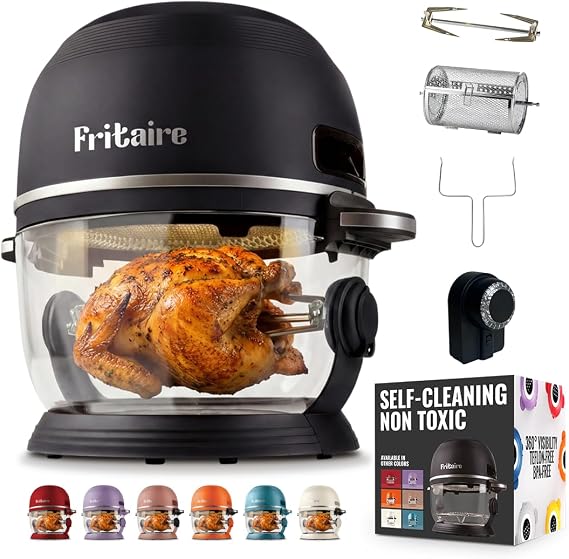 Fritaire Non-Toxic Glass Airfryer 5L - 360° Vision Self Cleaning 400°F Hot Air Vortex for Even Cooking BPA & Teflon Free 9-in-1 Functions: Airfryer Rotisserie Baking Black