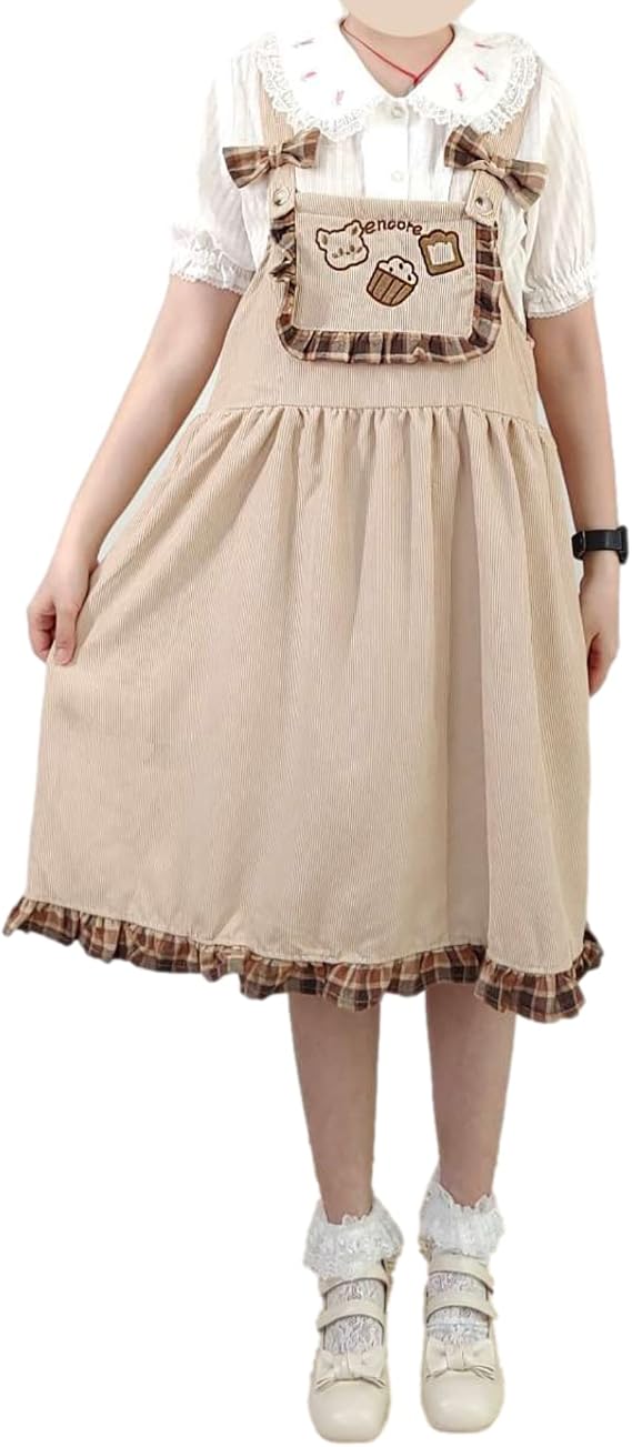 Cute Corduroy Overall Dress for Teen Girls Pinafore Short Kawaii Bear Sleeveless Casual Ruffled Suspender Dresses