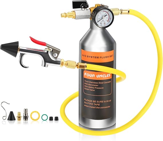 FOUR UNCLES AC Flush Kit with Stainless Steel Canister for Car AC Systems | AC Flush Tool Kit, Solvent Not Included, Stainless Steel Canister, Air Powered Cleaning, Professional AC Service