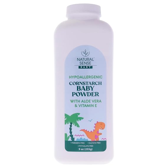 Natural Sense Plant-Based Hypoallergenic Cornstarch Baby Powder with Aloe Vera & Vitamin E, 9oz