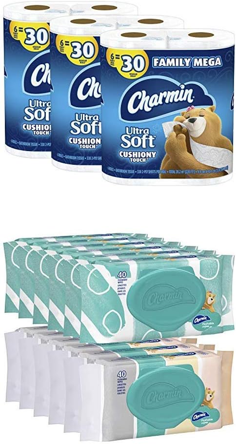 Charmin Ultra Soft Cushiony Touch Toilet Paper, 18 Family Mega Rolls, with Charmin Freshmates Flushable Wet Wipes for Adults, 12 Resealable Packs (Bundle)