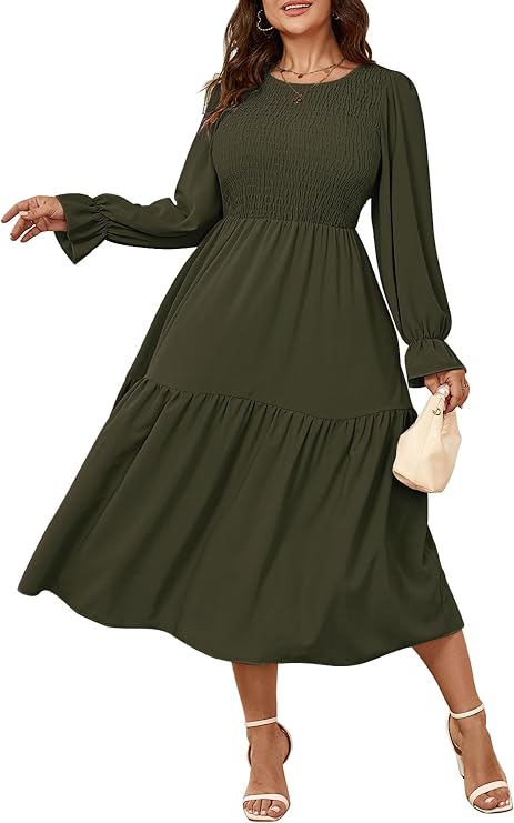 Womens Plus Size Dress Long Sleeve Crewneck Smocked Tiered Flowy Boho Wedding Party Maxi Dresses
