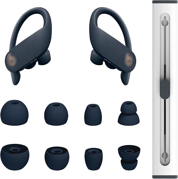 4 Pairs Replacement Eartips for Powerbeats Pro Earbuds with Cleaning Pen, Replacement Silicone Ear Tips Set - Small, Medium, Large and Double Flange, Anti-Slip Replacement Accessories (Navy Blue)