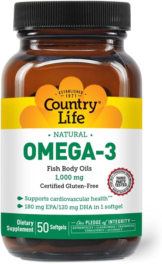Country Life Omega-3 Fish Oil 1000 mg, 50 Softgels, Certified Gluten-Free