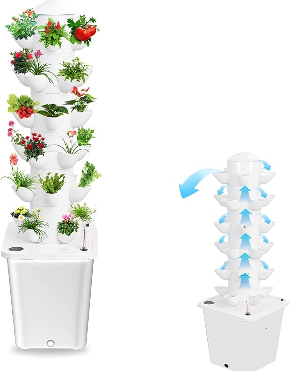 Vertical Hydroponics Garden Tower, 30-Plant Hydroponic Growing System with 10L Tank, 6 Layers Vertical Planter Towe Hydroponic Tower Garden, Automatic Watering for Home Indoor Gardening System White