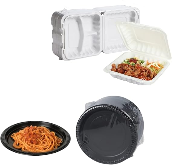 Take Out Food Containers 30oz 65-pack and Black Disposable Plates for Party 9'' 150-pack
