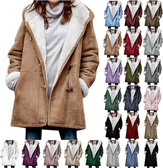 Winter Warm Fleece Lined Jackets for Women Trendy Parka Coat Composite Plush Horn Button Hooded Outerwear