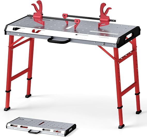 Goplus Portable Welding Table, 42" x 21" Folding Height Adjustable Weld Table Top w/1000LBS Capacity, 2 Bar Clamps, 8 Tool Slots, Handle, 0.7 Holes, Heavy-Duty Workbench Fixture Table for Garage