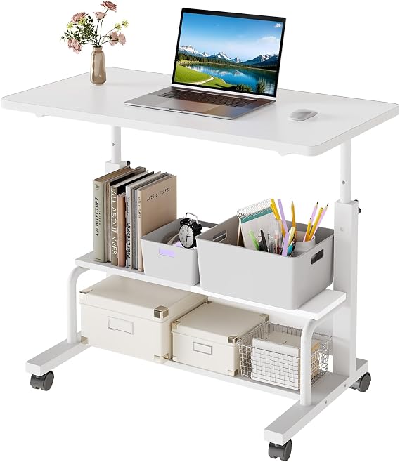 OLIXIS Rolling Desk, Storage Shelves, Laptop Table, Home Office