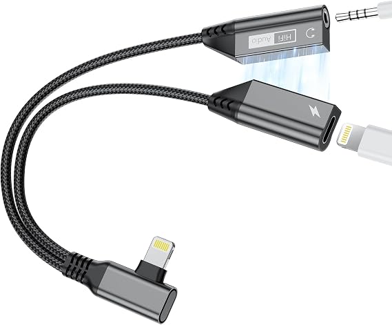 2-IN-1 Right Angle Magnetic Lightning to 3.5mm Audio Jack Headphone and Charge Cable Adapter for iPhone,90 Degree Earphone Converter Splitter Support Music+Charge+HiFi+Mic for iPhone14 13 12 11