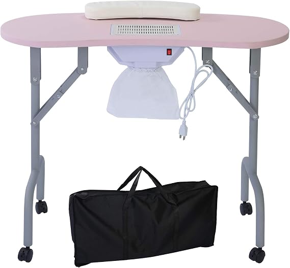 AGESISI Portable Manicure Table Foldable Nail Desk with Dust Collector Professional Nail Tech Table for Technician Spa Salon Workstation, Client Wrist Pad Carry Bag 4 Lockable Wheels, 36-inch, Pink