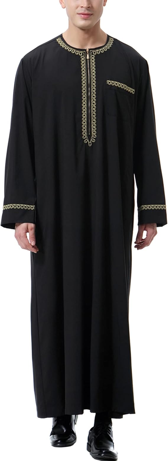 Thobe for Men Muslim Clothing Kaftan Jalabiya Abaya Arab Costume Round Neck Long Sleeve