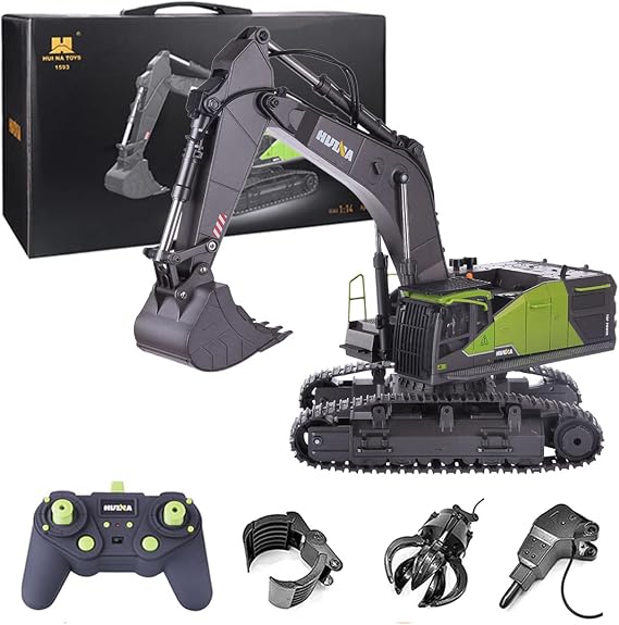 1:14 2.4G 4-in-1 RC Excavator with Ball Grabber/Wood Catcher/Breaking Head, 22CH RC Construction Vehicles with Dual Crawler & Realistic LED Lights Effects, Gifts for Adults Hobbyist