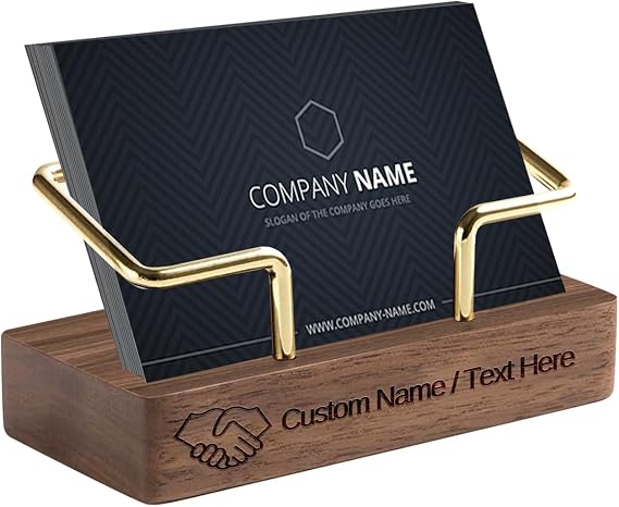 HJX Custom Business Card Holder for Desk, Engraved Walnut Wood Stand