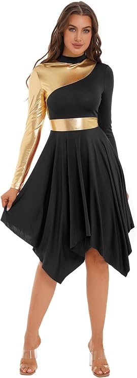 Womens Color Block Praise Liturgical Dancewear Tunic Irregular Hem Lyrical Dance Dress