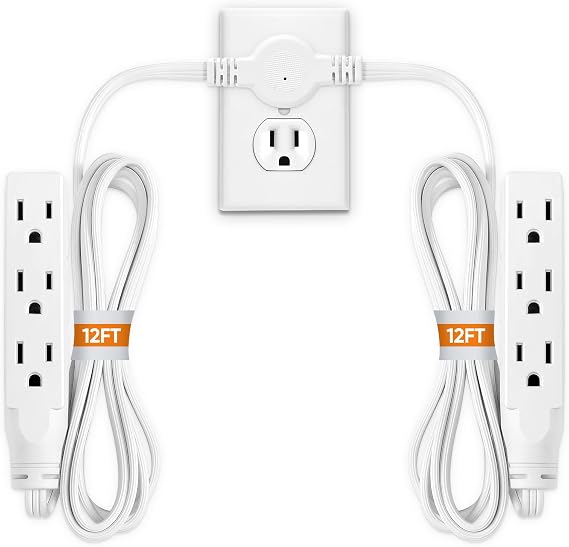 Twin Extension Cord Power Strip - 24FT Dual Extension with Flat Wall Plug, Split Extension Cord with Multiple Outlets, Double Head Outlet for Behind Bed, Couch,Indoor Flush Design(White)