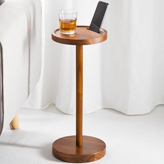 Round Side Table End Table with Phone Holder 23.8x55cm Snack Coffee Tea Drink Table Nightstand Sofa Pedestal Side Table for Small Spaces Living Martini and Cocktail