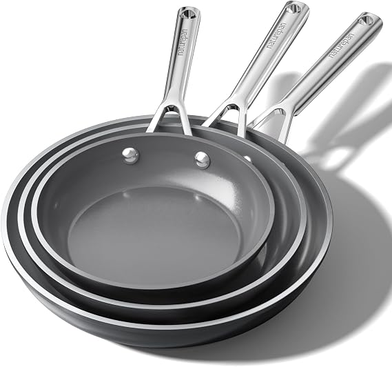 Diamond-Titanium Ceramic Nonstick Frying Pan Set, 3-Piece (20, 24 & 28cm), PFAS & PTFE & PFOA Free, Stainless Steel Handle, Dishwasher/Oven Safe, Grey