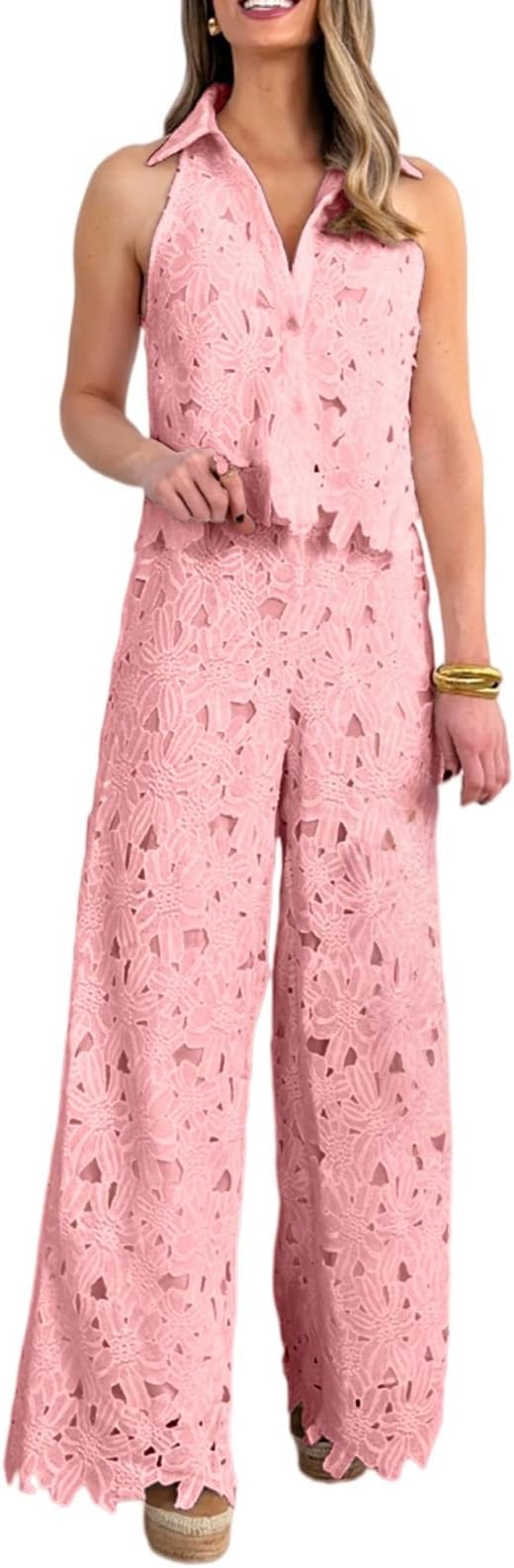 Womens Floral Lace 2 Piece Outfits Summer Hollow Out Tank Crop Top Straight Wide Leg Pants Lounge Outfits