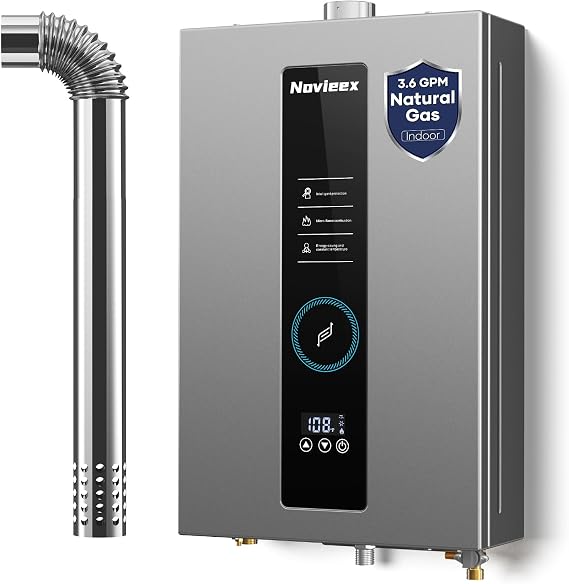 Tankless Water Heater, Novieex On Demand Water Heater Natural Gas, Up to 3.6 GPM, 86,000 BTU Instant Hot Water Heater with LED Display, Indoor Installation, 2-3 Point Use for Family Bathroom Kitchen