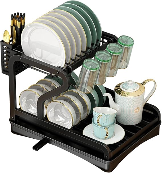 HUHJYUGE Kitchen Drying Rack for Dishes, Dish Racks for Kitchen Counter Space-Saving 360 Swivel Spout, Dish Drying Rack 2 Tier Large-Capacity, for Kitchen Counter Organizer