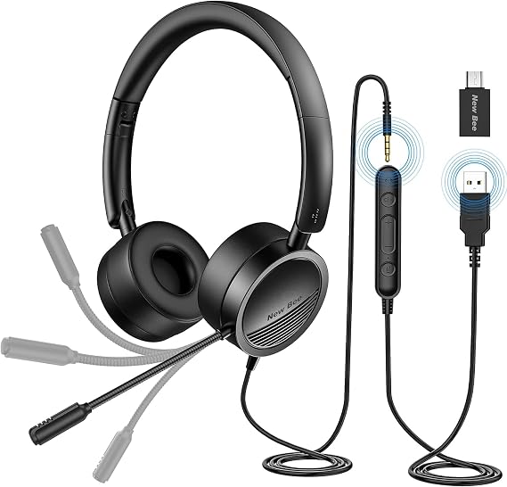 New Bee USB Headset with Microphone, USB/3.5mm, Clear Stereo Sound, Black