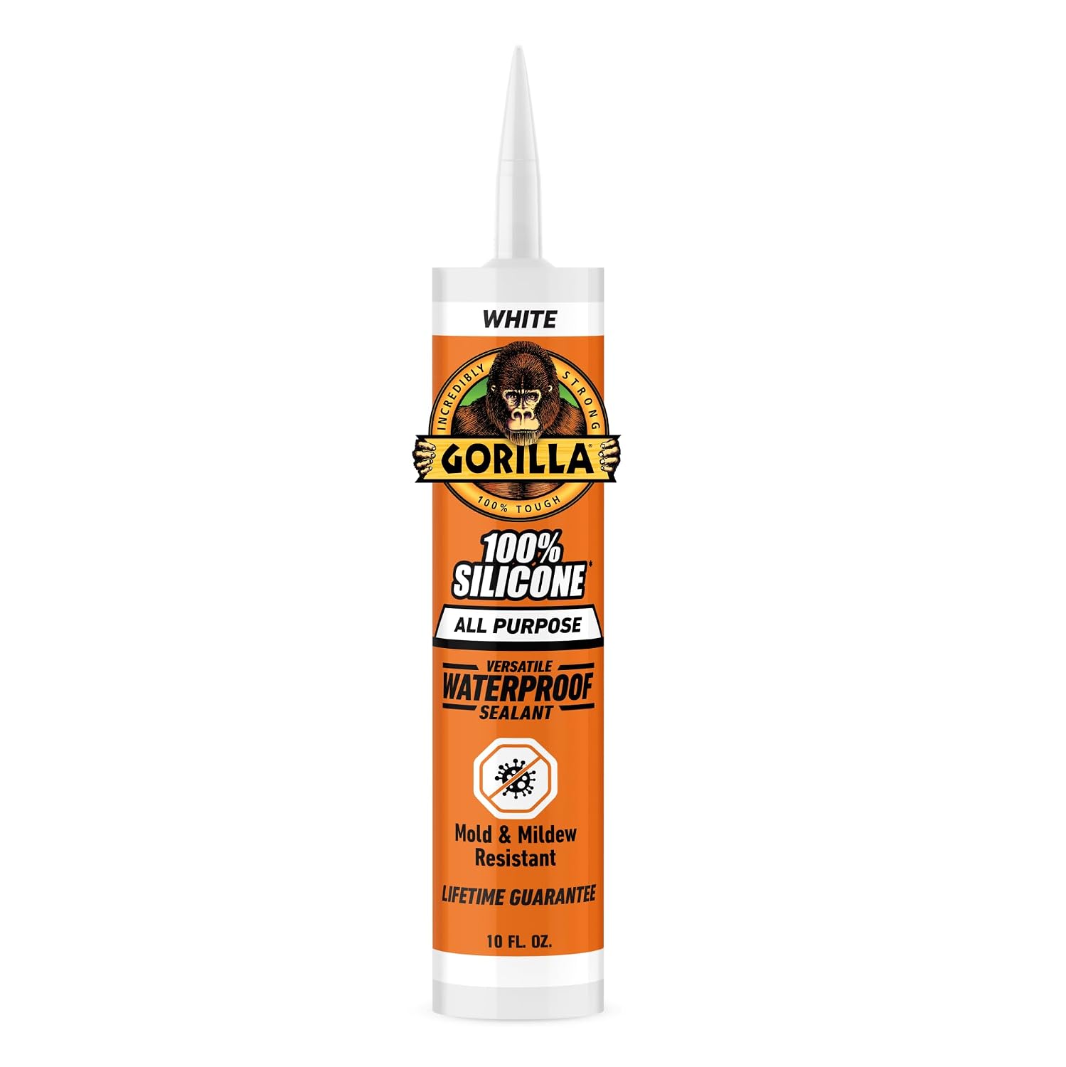 Gorilla White 100 Percent Silicone Sealant Caulk, Waterproof and Mold & Mildew Resistant, 10 ounce Cartridge, White, Pack of 1