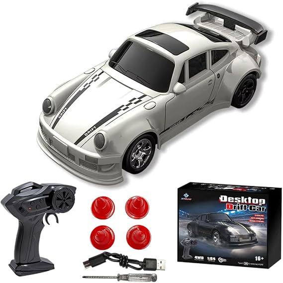 1/64 Scale Mini RC Drift Car, 2.4Ghz High speed 4WD Full-scale Throttle Drift Racing Sport Remote Control Car Desktop Gift for Adults Enthusiasts -White