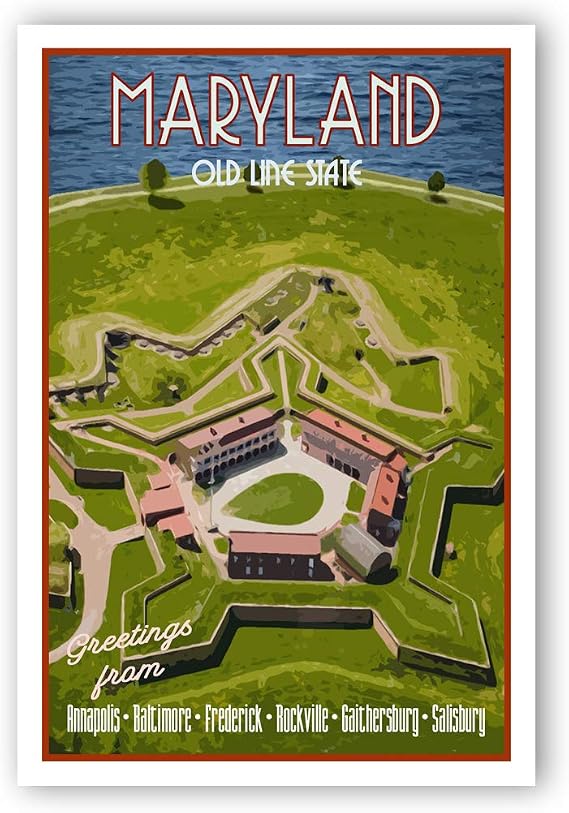 MARYLAND TRAVEL POSTER postcard set of 20 identical postcards. MD state vintage style travel poster post cards. Made in USA.
