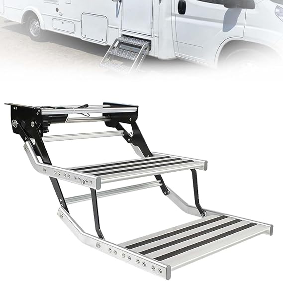 Electric Retractable Rv Steps, Electric RV Step with Bright LED Lighting, 400 LBS Capacity Foldable Aluminum Alloy Frame & Non-Slip Surfaces for RV Camper Van Caravan DoubleLayer-12V