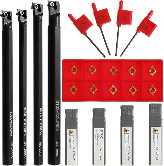 Lathe Boring Bar Turning Tool Turning Tools Holder Set S06K/S07K/S08K/S10K-SCLCR06 Lathe Turning Tools Holder Set with 10Pcs Carbide Inserts CCMT060204 and 4Pcs Wrenches