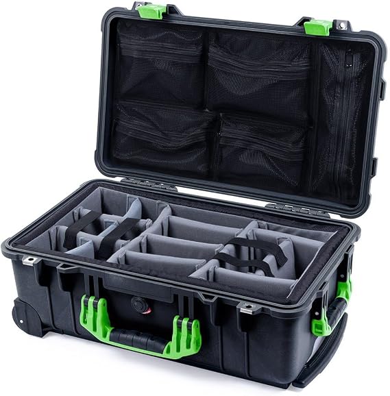 Pelican Protector 1510 Carry-on Case by ColorCase - Black - Medium Size Waterproof Case with Gray Padded Microfiber Dividers & Mesh Lid Organizer - Lime Green Handles & Latches