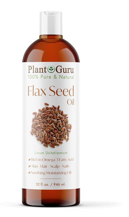 Plant Guru Flaxseed Oil 32 fl. oz. Unrefined Cold Pressed 100% Pure Natural Carrier For Skin, Face, Body Moisturizer, and Hair Growth.
